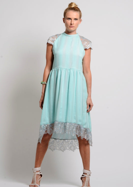 Mint Silk chiffon self-striped fit & flare dress with lace trim- SOLD OUT