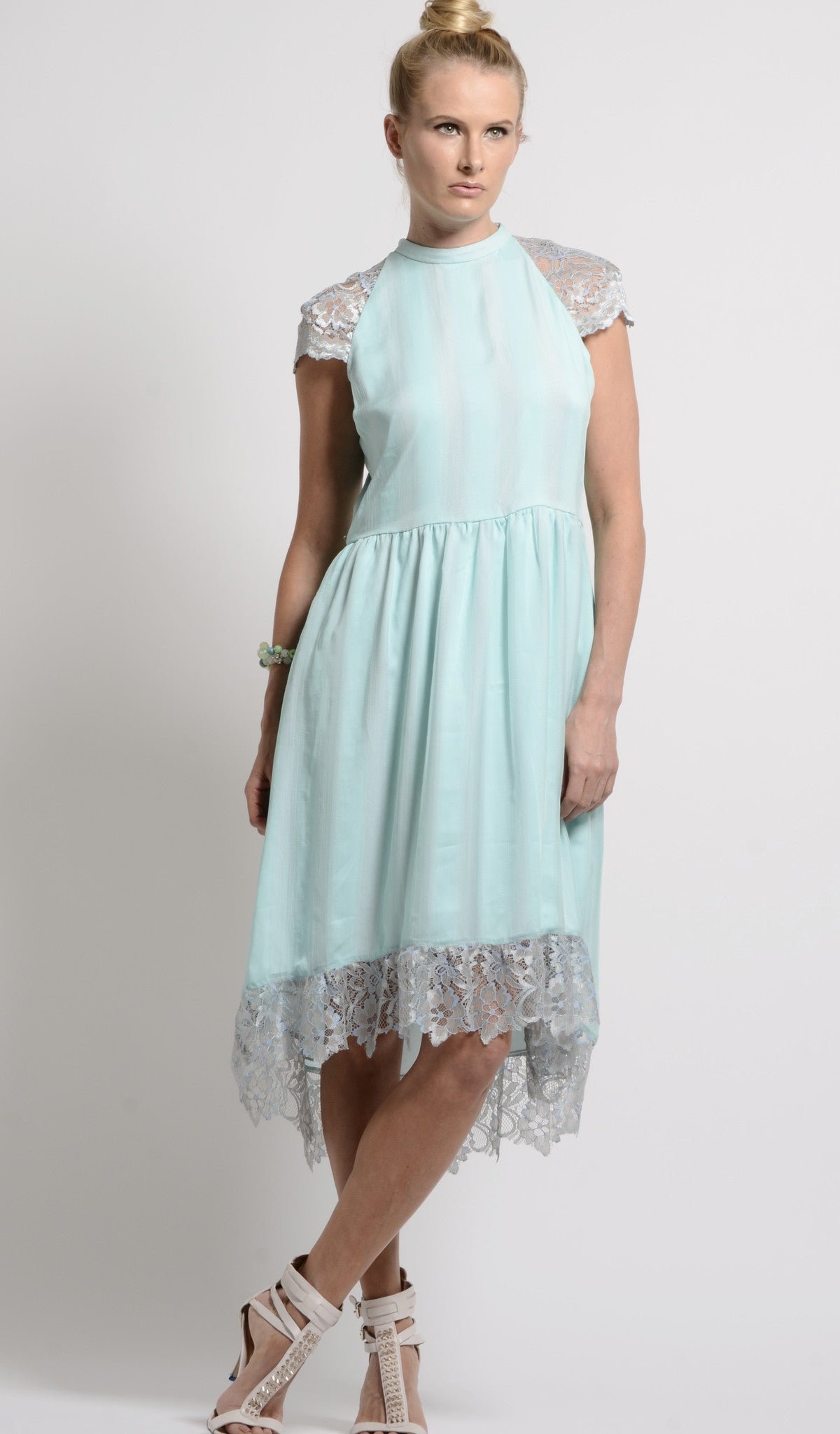 Mint Silk chiffon self-striped fit & flare dress with lace trim- SOLD ...