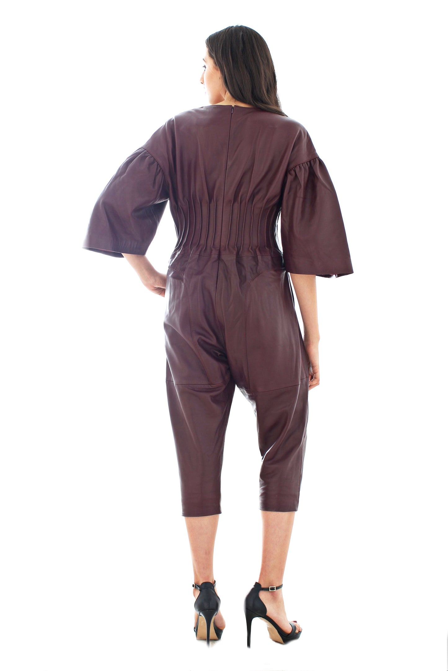 Leather Jumpsuit with pleated waist & bell sleeves