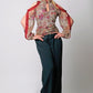 Floral print cutout sleeves lace trim blouse