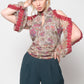 Floral print cutout sleeves lace trim blouse