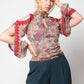 Floral print cutout sleeves lace trim blouse