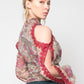 Floral print cutout sleeves lace trim blouse