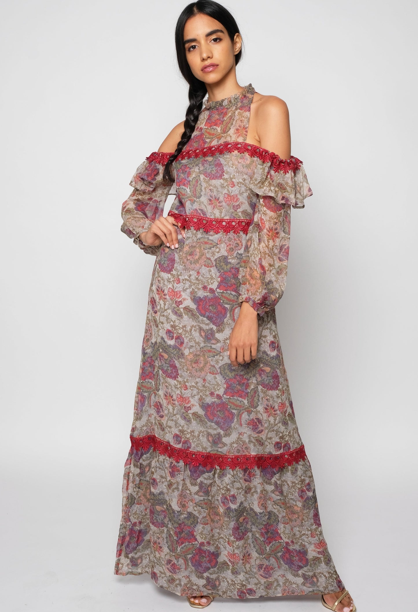 Floral print cold shoulder ruffle & lace trim maxi dress