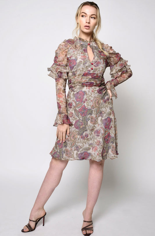 Floral print puff sleeves fit & flare dress