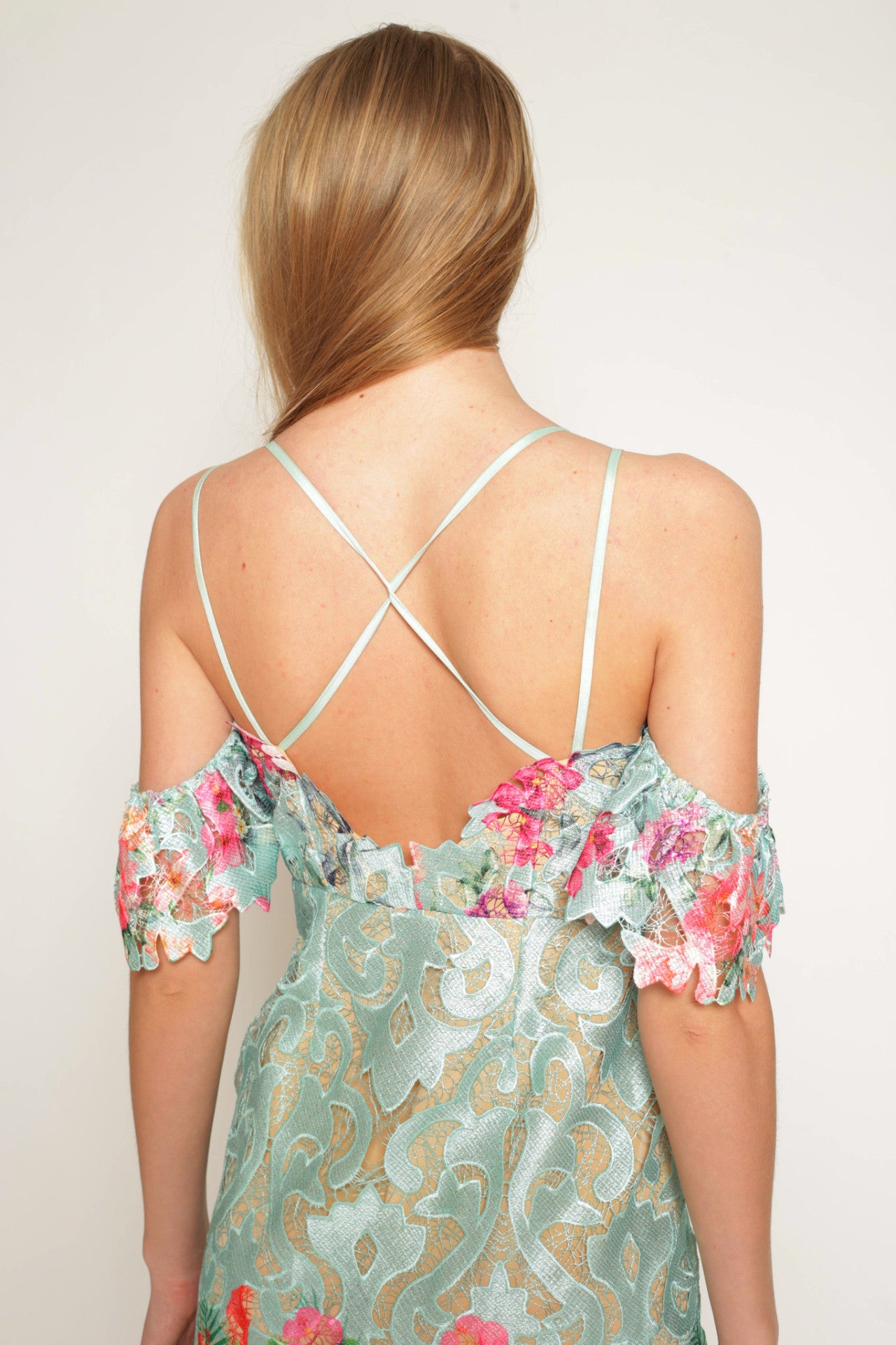 Printed floral lace slip dress with off shoulder sleeves