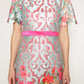 Printed floral lace shift dress with bell sleeves