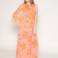 Floral print chiffon capelet sheer midriff dress