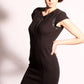 Ponte knit shift dress with leather neck trim detail