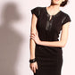 Ponte knit shift dress with leather neck trim detail