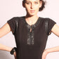 Ponte knit shift dress with leather neck trim detail