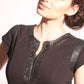 Ponte knit shift dress with leather neck trim detail