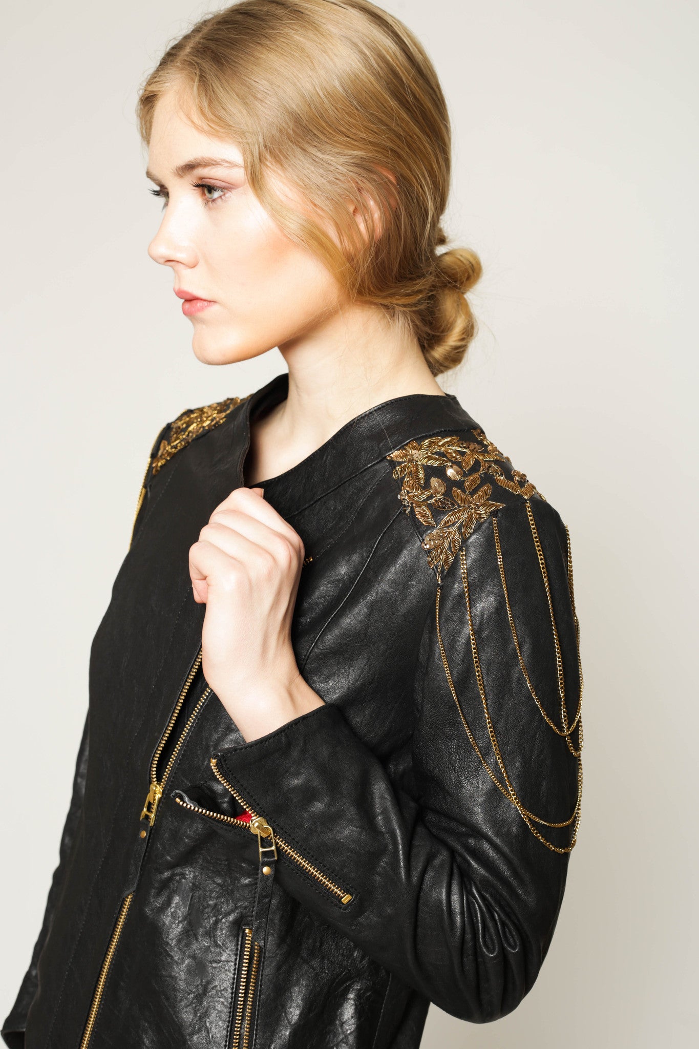 Vegetable dyed, shoulder embellished leather jacket