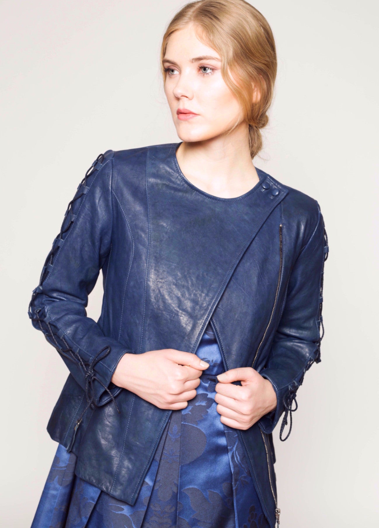 Vegetable dyed leather jacket with lace-up sleeves