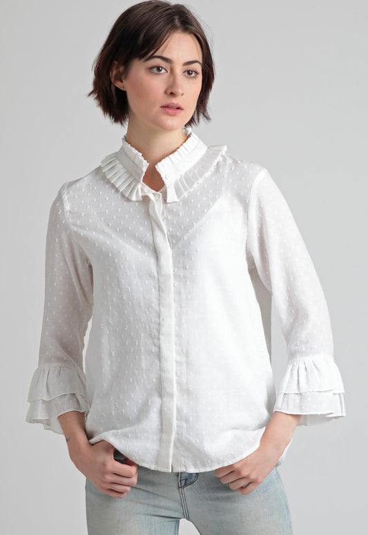 Self dobby crepe Victorian ruffle & pleats detail top