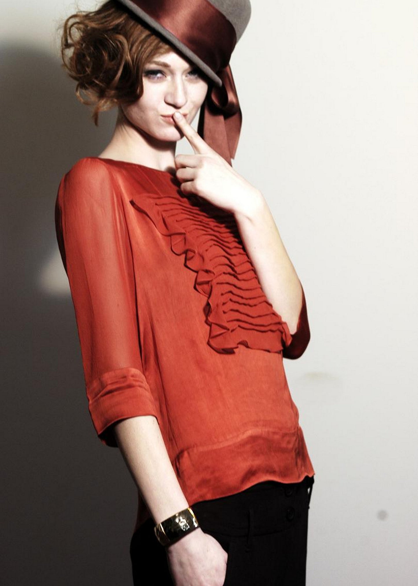 Silk pleated front ruffles top
