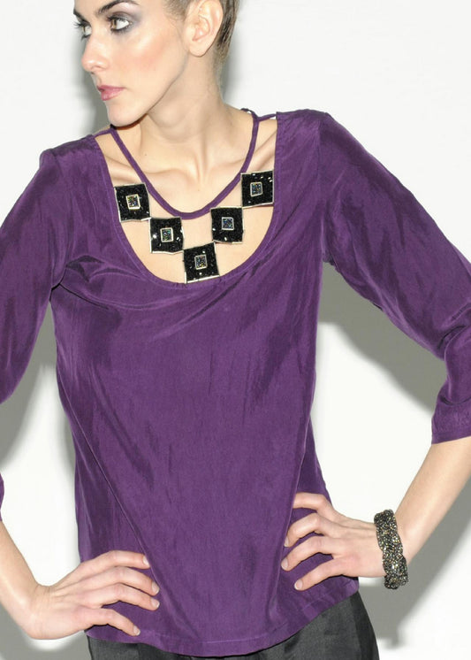 Beaded squares neck detail silk top