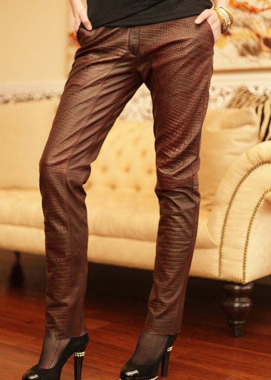 Croc finish 2-toned leather slim fit pants