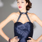 Gina- Silk satin pleating detail halter neck cocktail dress