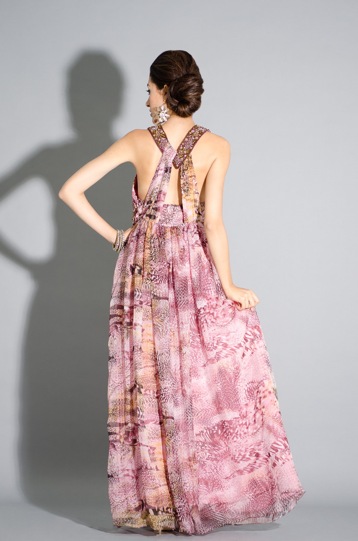 Beaded Neckline and Waist, printed chiffon gown