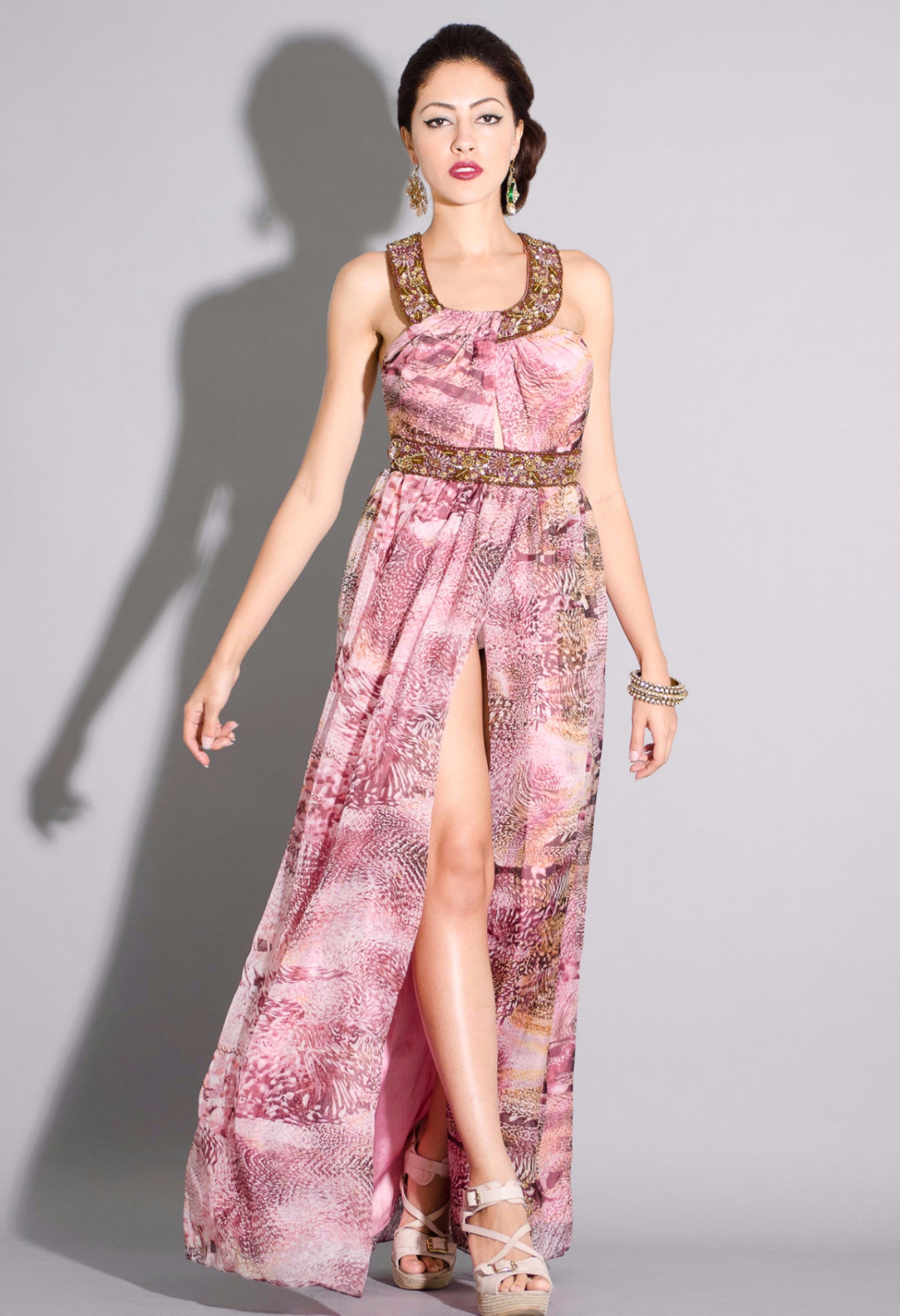Beaded Neckline and Waist, printed chiffon gown