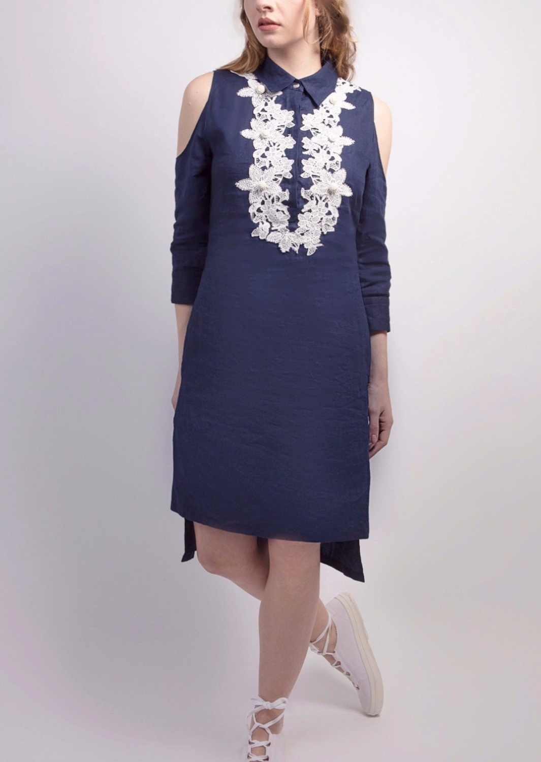 Cold Shoulder Linen Tunic with Floral Lace Applique