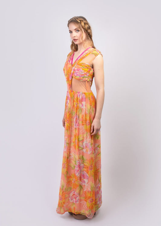Strappy floral print chiffon maxi dress