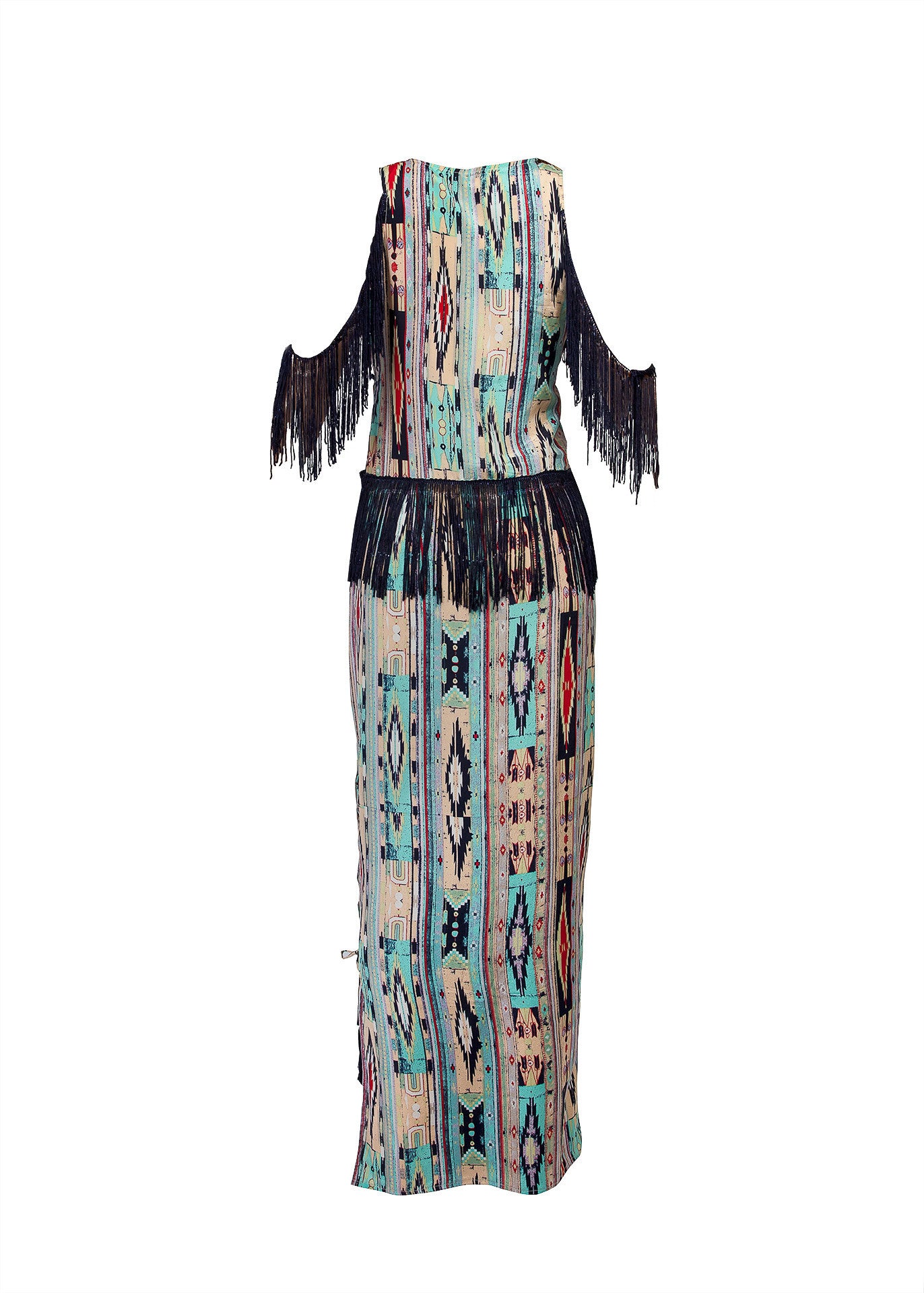 Tribal print silk maxi dress with fringe details- SOLD OUT