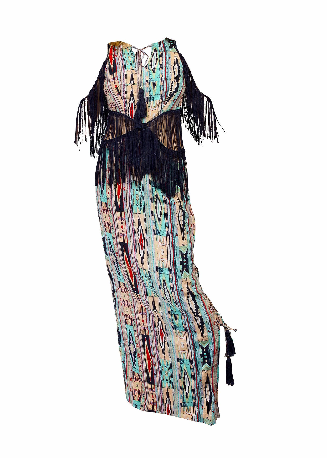 Tribal print silk maxi dress with fringe details- SOLD OUT