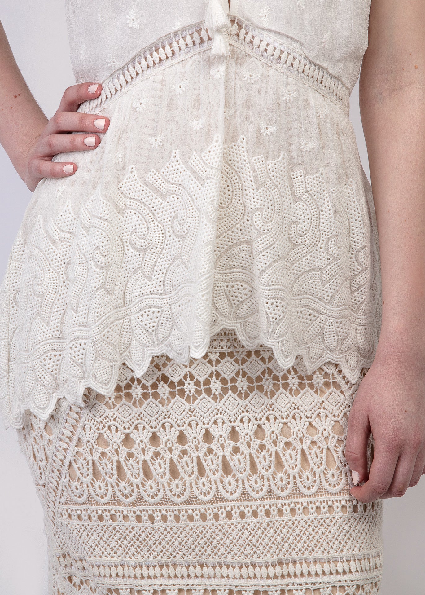 Lace peplum + fringe detail maxi dress