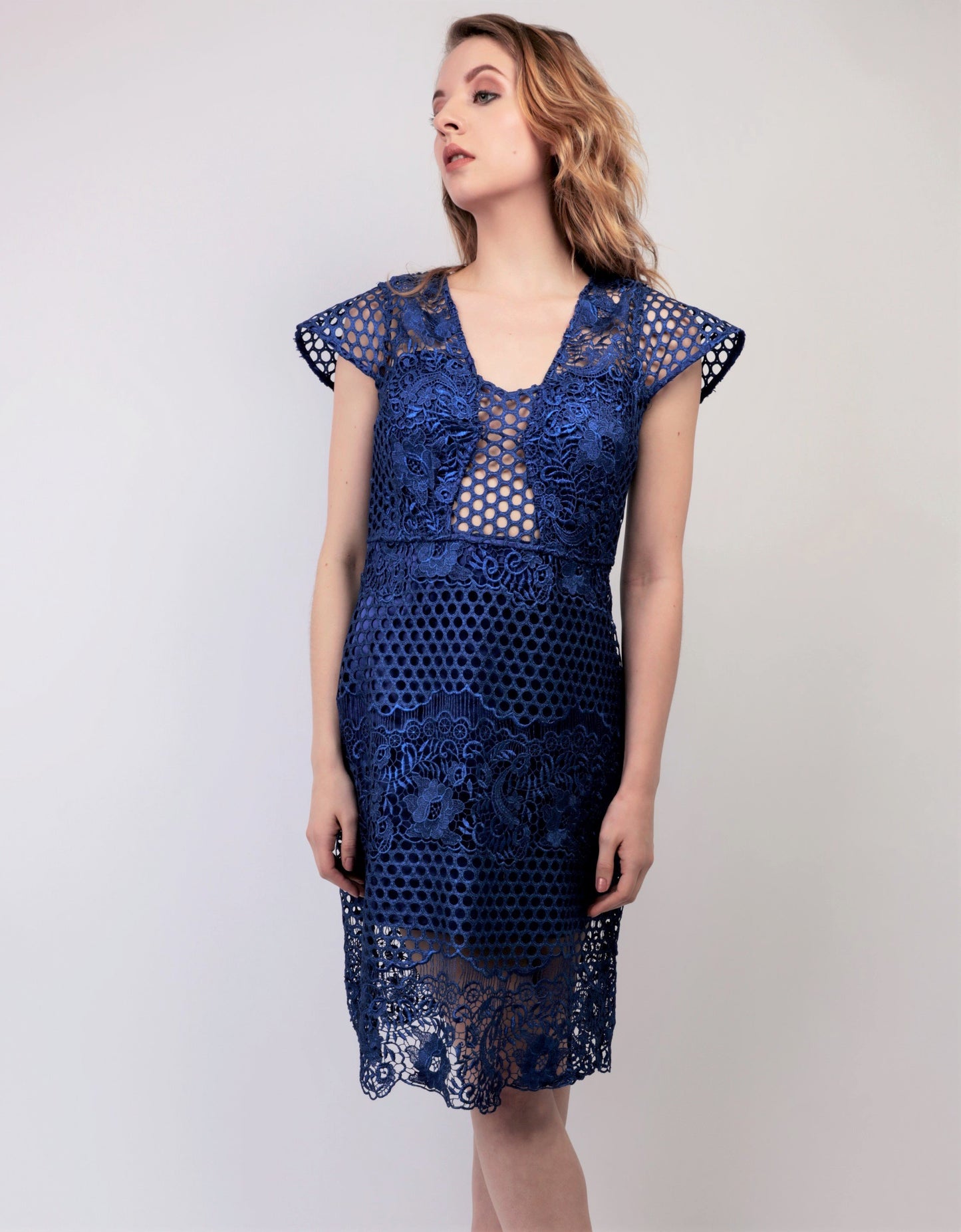 Metallic lace fit & flare dress