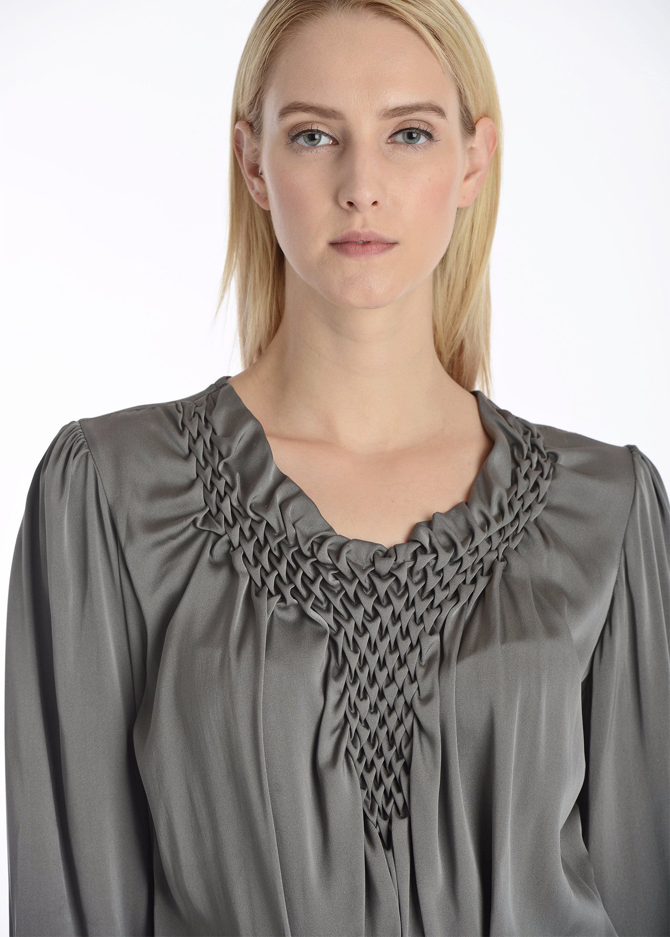 Hand pintucked silk blouse asymmetrical hemline