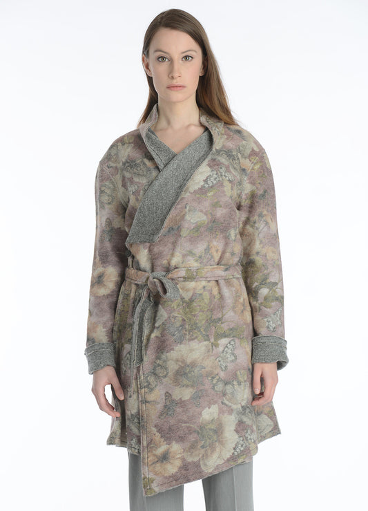 Muted Floral Print Wrap felt reversible coat