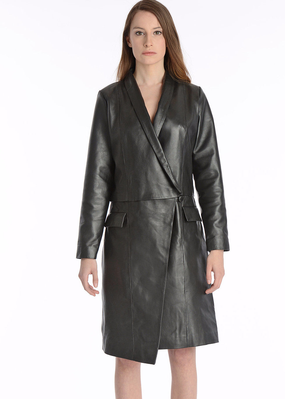 Leather long sleeve wrap coat dress