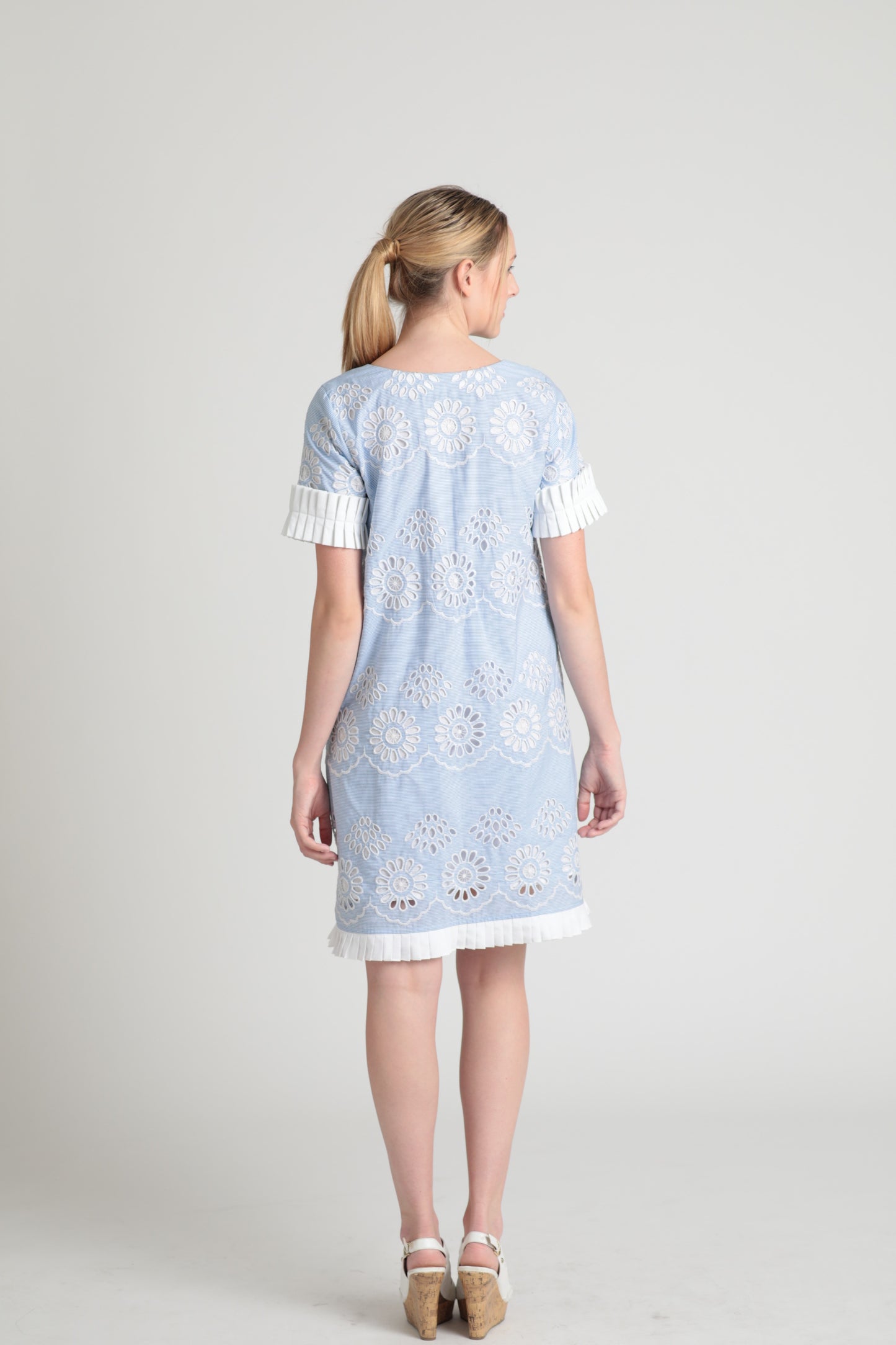 Cotton pinstripe floral embroidery shift dress