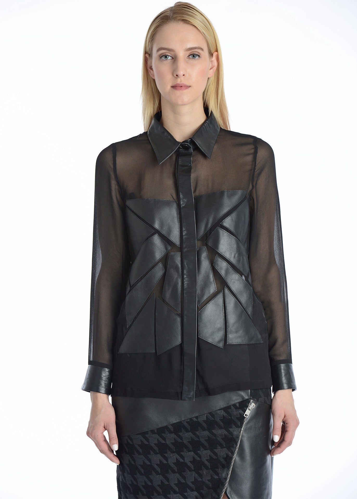 Silk & leather patchwork button down shirt