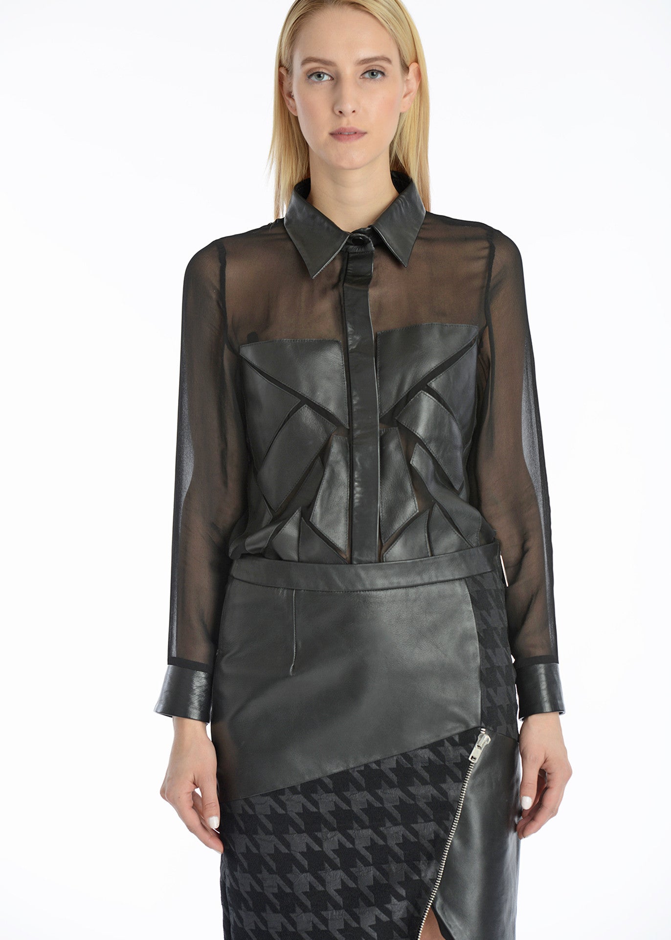 Leather & houndstooth skirt w/ asymmetrical hem