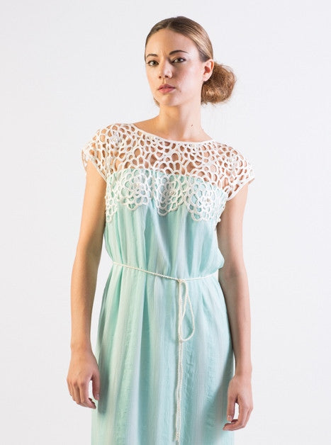 Pastel Mint Silk chiffon self striped dress w/ lace yoke- SOLD OUT