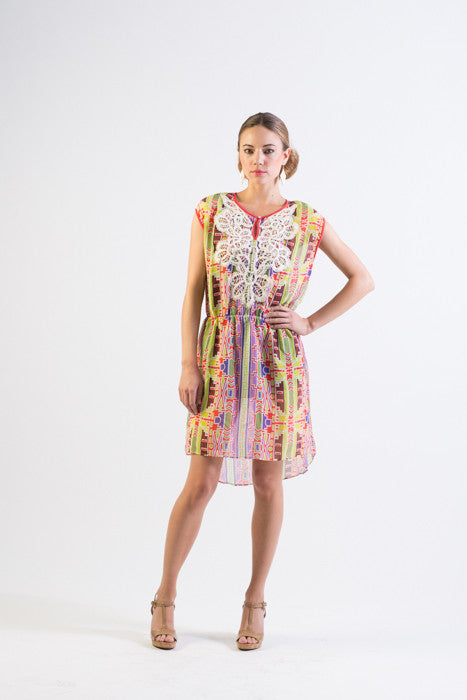 Multi-color tribal print chiffon short dress with lace details