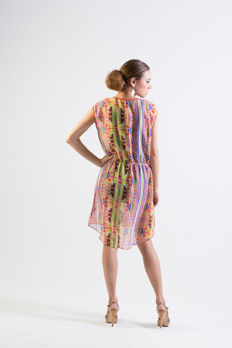 Multi-color tribal print chiffon short dress with lace details