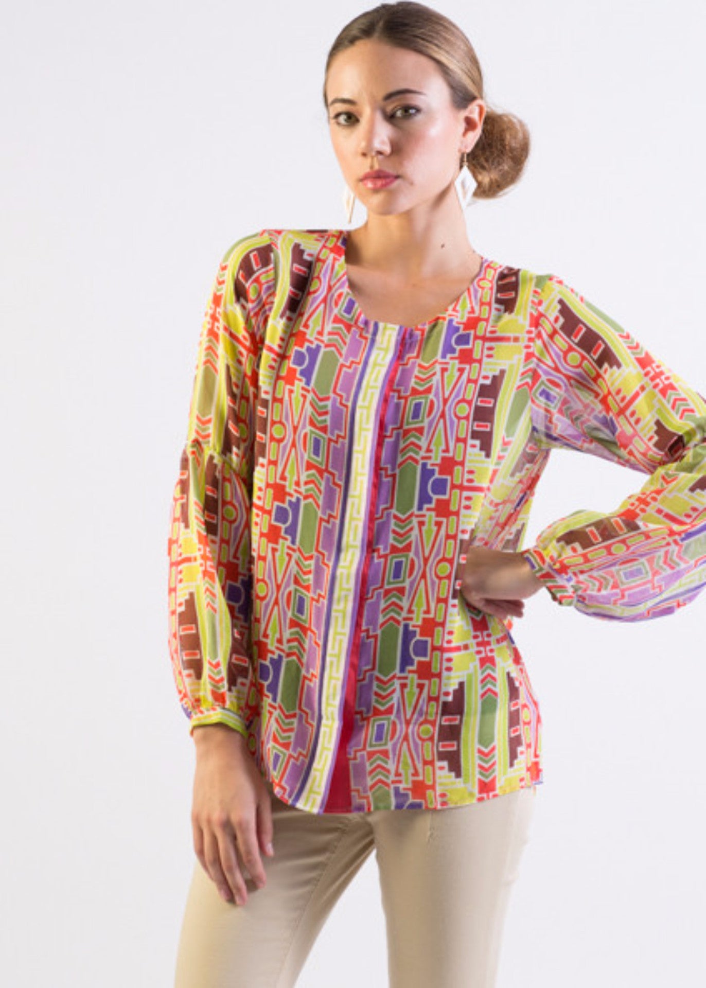 Multi-color tribal print chiffon button-down shirt