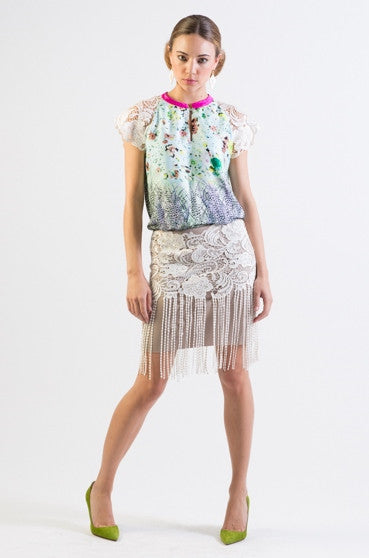 Fringe detail lace overlay Ponte pencil skirt