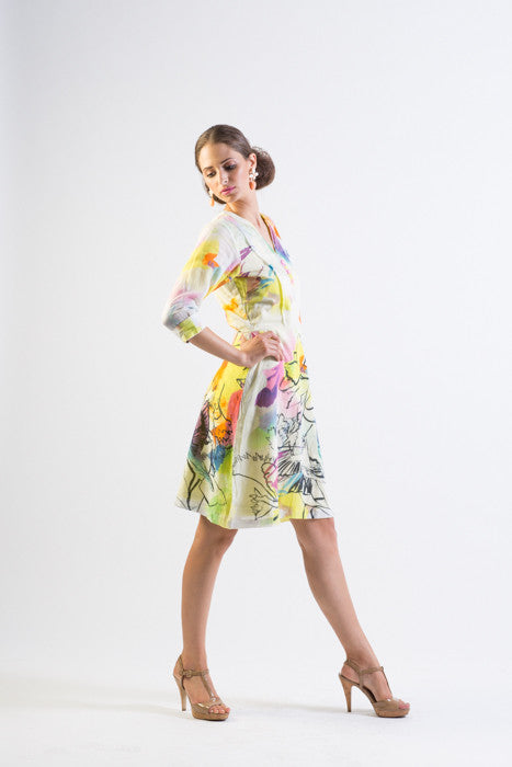 Silk/ Cotton abstract bird print fit & flare dress