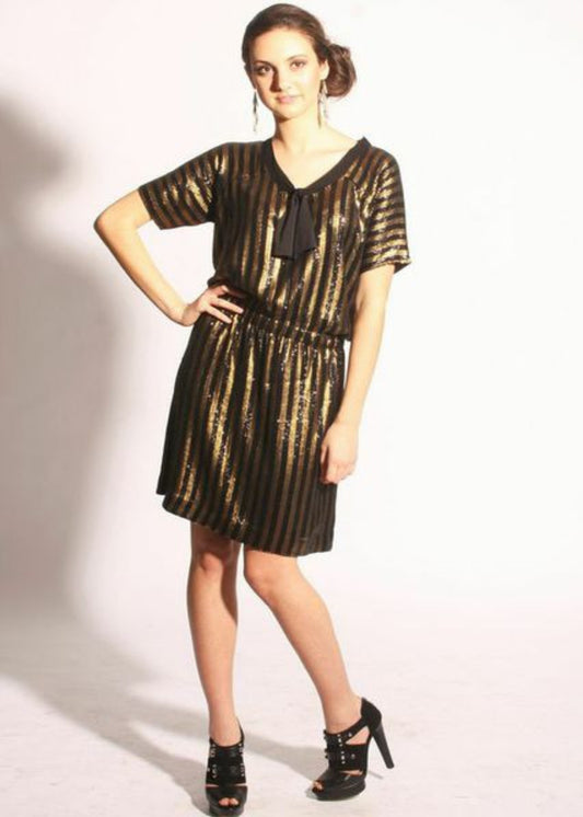 Metallic Gold and Black striped All Over Sequin Party Dress